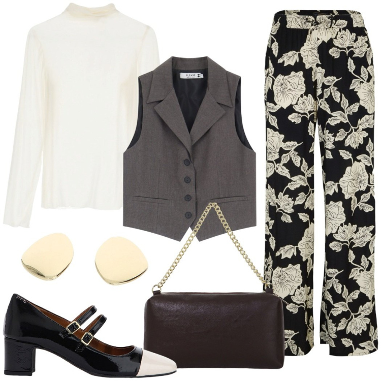 Outfit donna - Cena elegante. Stile Chic per Serata fuori. Abbinamento con pantaloni a palazzo, gilet, décolleté, orecchini, maglieria, borse a tracolla.