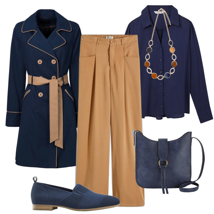 Outfit donna - Giornata blu notte e cammello. Stile Trendy per Tutti i giorni. Abbinamento con trench, pantaloni a palazzo, mocassini, borse a tracolla, camicie, collane.