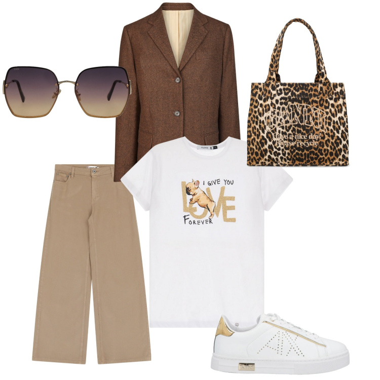 Outfit donna - Una domenica fuori porta. Stile Casual per Tutti i giorni. Abbinamento con sneakers, occhiali da sole, pantaloni, t-shirt, blazer, shopping bag.