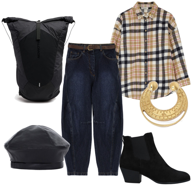Outfit donna - Quadrettoni. Stile Trendy per Tutti i giorni. Abbinamento con stivaletti chelsea, jeans, cappelli e berretti, camicie, orecchini, zaini.