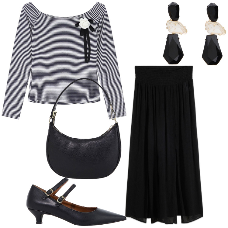 Outfit donna - Total look. Stile Trendy per Ufficio. Abbinamento con gonne lunghe, pullovers, décolleté, borse a spalla, orecchini.