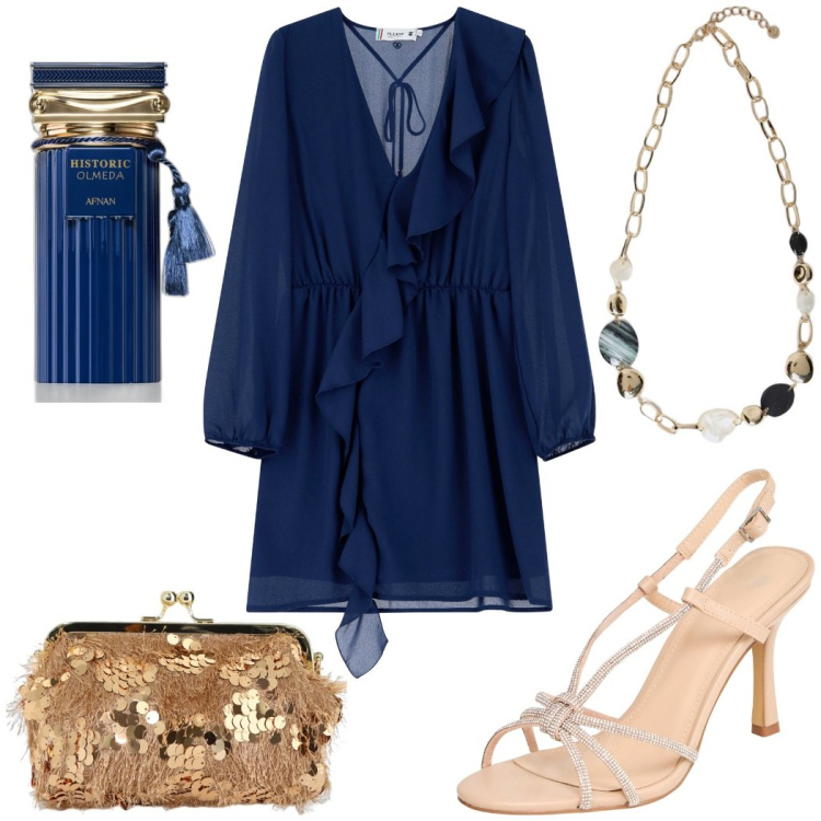 Outfit donna - Occasione speciale. Stile Glamour per Serata fuori. Abbinamento con sandali col tacco, profumi, vestiti corti, borse a spalla, collane.