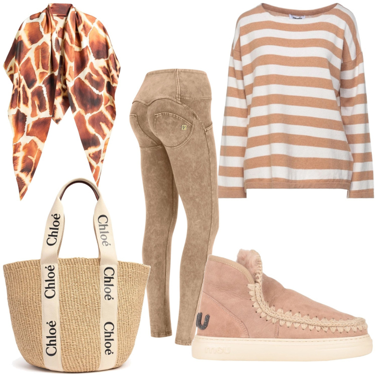 Outfit donna - Total look. Stile Trendy per Tutti i giorni. Abbinamento con pullovers, stole, stivaletti, pantaloni skinny, shopping bag.