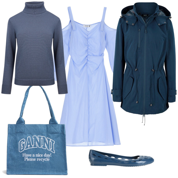 Outfit donna - Abito estivo a salopette. Stile Trendy per Tutti i giorni. Abbinamento con parka, ballerine, vestiti, maglieria, shopping bag.