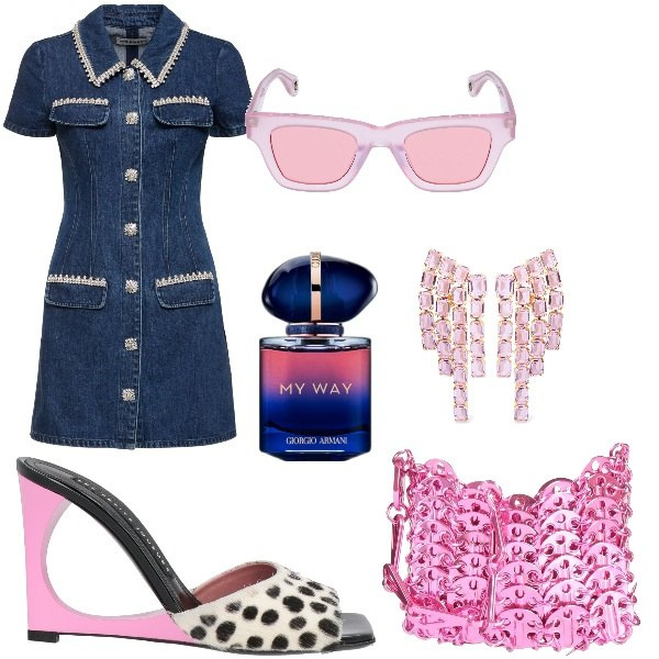Outfit donna - La borsa in primo piano. Stile Glamour per Tutti i giorni. Abbinamento con borse a tracolla, sandali in pelle, profumi, occhiali da sole, vestiti, orecchini.