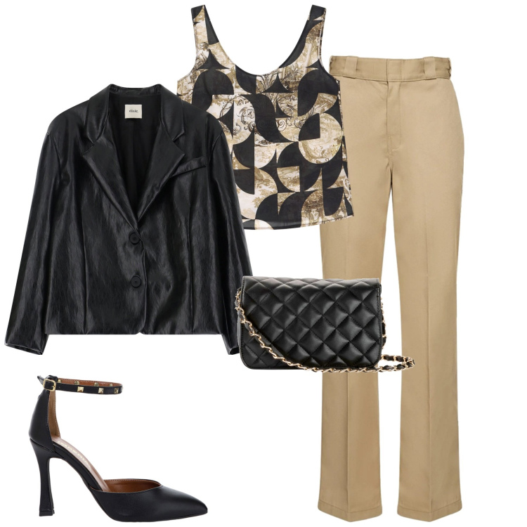 Outfit donna - Una cena in compagnia. Stile Casual chic per Serata fuori. Abbinamento con borse a tracolla, top, décolleté, blazer, pantaloni.