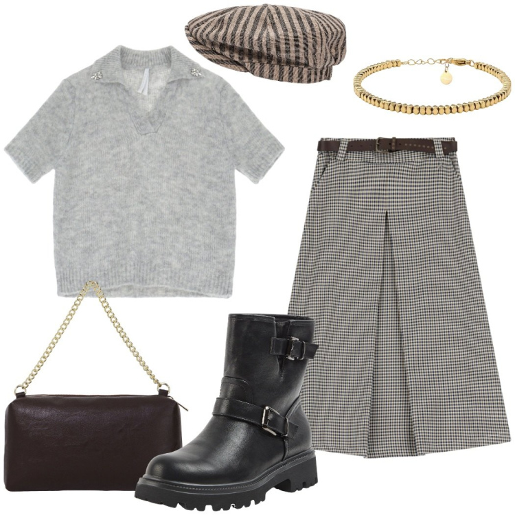 Outfit donna - Outfit ufficio. Stile Casual chic per Ufficio. Abbinamento con stivaletti, gonne, borse a tracolla, maglieria, braccialetti, cappelli.