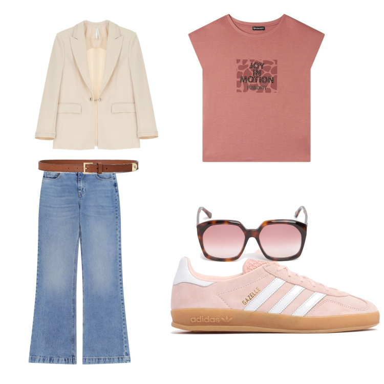 Outfit donna - Primavera 2025. Stile Sporty chic per Tutti i giorni. Abbinamento con cinture, blazer, t-shirt, jeans, sneakers, occhiali da sole.