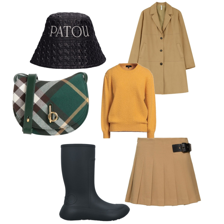 Outfit donna - Borsa english style. Stile Trendy per Tutti i giorni. Abbinamento con borse a tracolla, stivali di gomma, pullovers, cappotti, minigonne, cappelli.