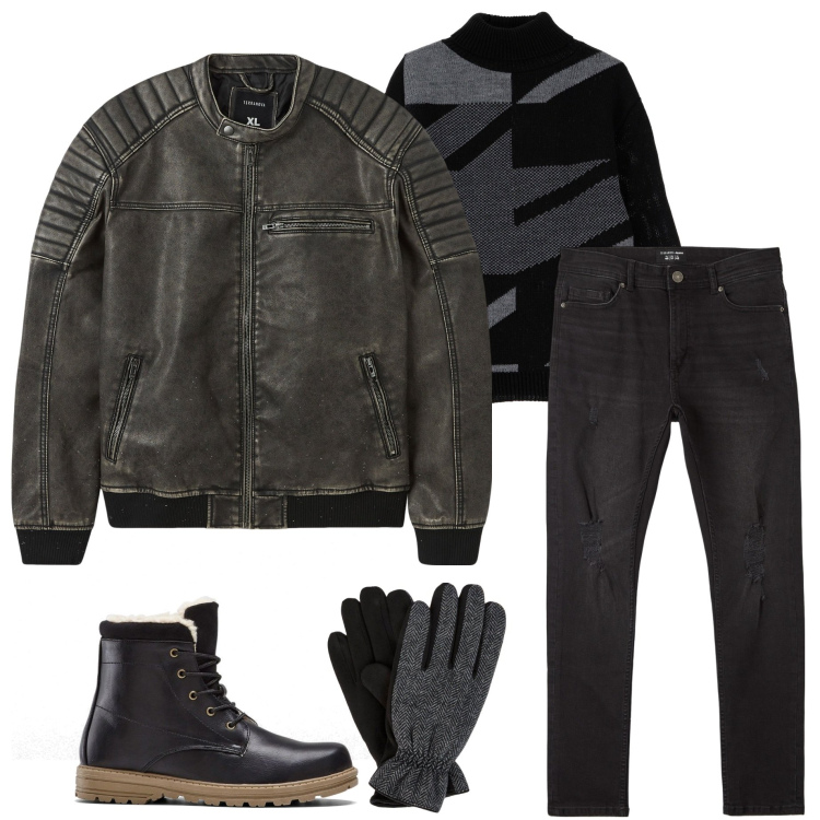 Outfit uomo - Giacca da motociclista. Stile Biker Rock per Tutti i giorni. Abbinamento con stivali e stivaletti, giacche, jeans strappati, maglieria, guanti.