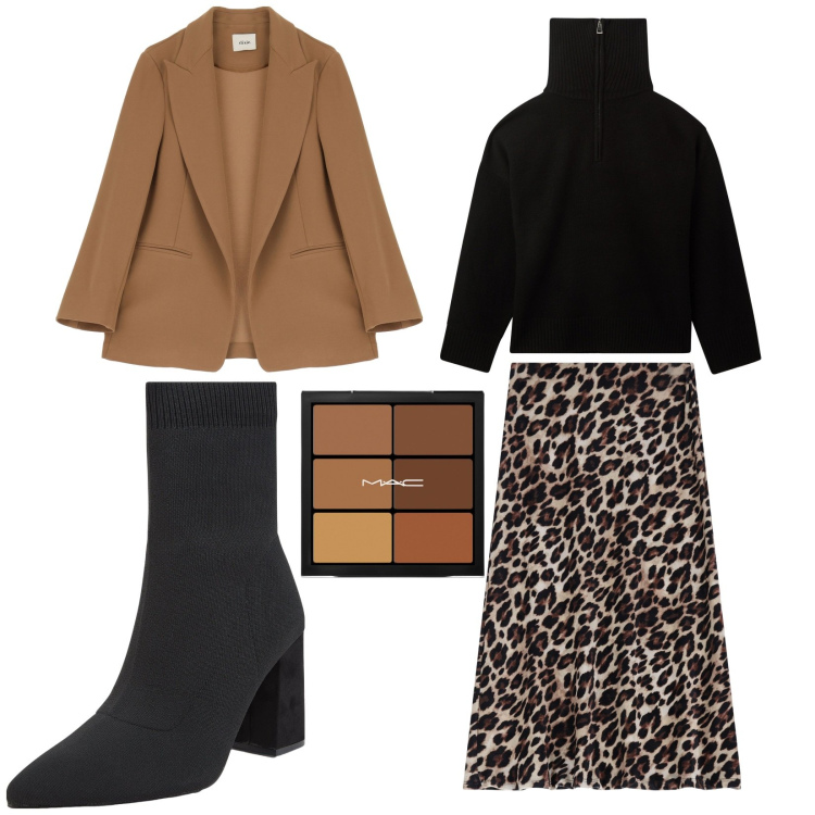 Outfit donna - Pomeriggio in centro. Stile Glamour per Tutti i giorni. Abbinamento con correttori, stivaletti, maglieria, gonne longuette, blazer.