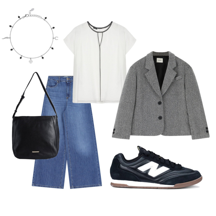 Outfit donna - Comoda a scuola. Stile Casual per Ufficio. Abbinamento con borse a spalla, pantaloni a palazzo, blazer, braccialetti con ciondoli, sneakers, bluse.