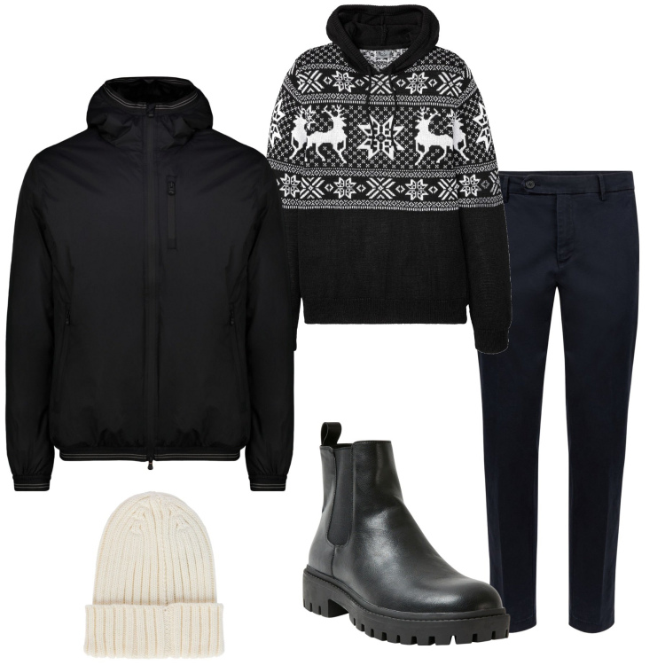 Outfit uomo - Apres-ski. Stile Casual per Tutti i giorni. Abbinamento con maglieria, stivali e stivaletti, giacche, pantaloni chino, berretti.