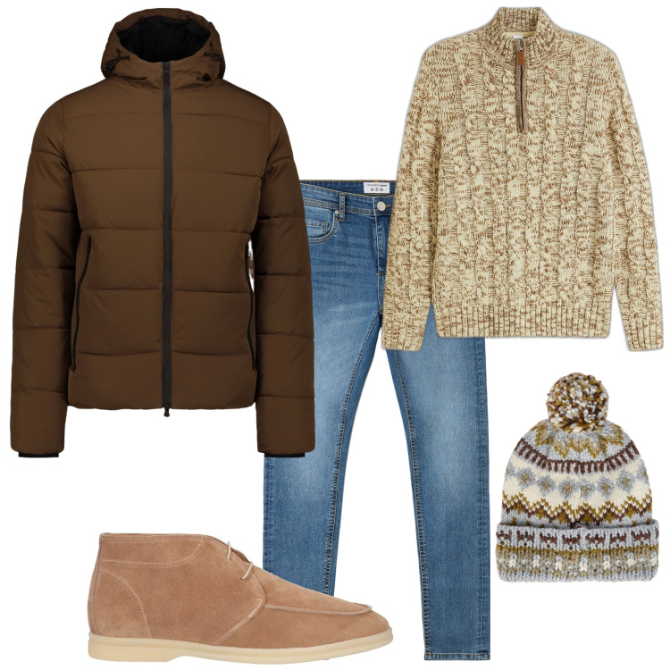 Outfit uomo - Apres-ski. Stile Casual per Tutti i giorni. Abbinamento con maglieria, stivali e stivaletti, jeans skinny, piumini, berretti.