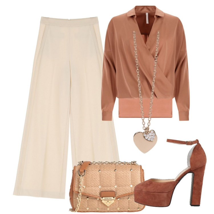 Outfit donna - Il super plateau. Stile Chic per Cerimonia. Abbinamento con décolleté, borse a tracolla, ciondoli, bluse, pantaloni a palazzo.