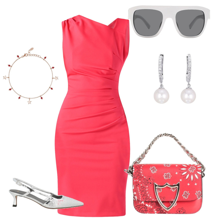 Outfit donna - Abito asimmetrico glamour!. Stile Glamour per Cerimonia. Abbinamento con décolleté, borse a mano, occhiali da sole, vestiti asimmetrici, orecchini, braccialetti con ciondoli.