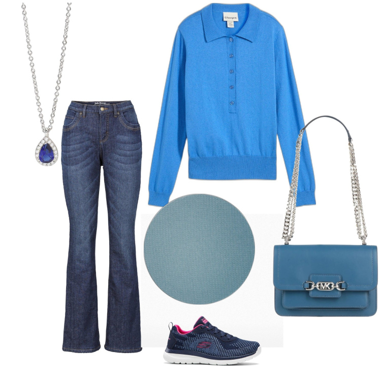 Outfit donna - Bon ton jeans. Stile Sporty chic per Tutti i giorni. Abbinamento con polo, jeans bootcut, sneakers, borse a spalla, ombretti, collane.