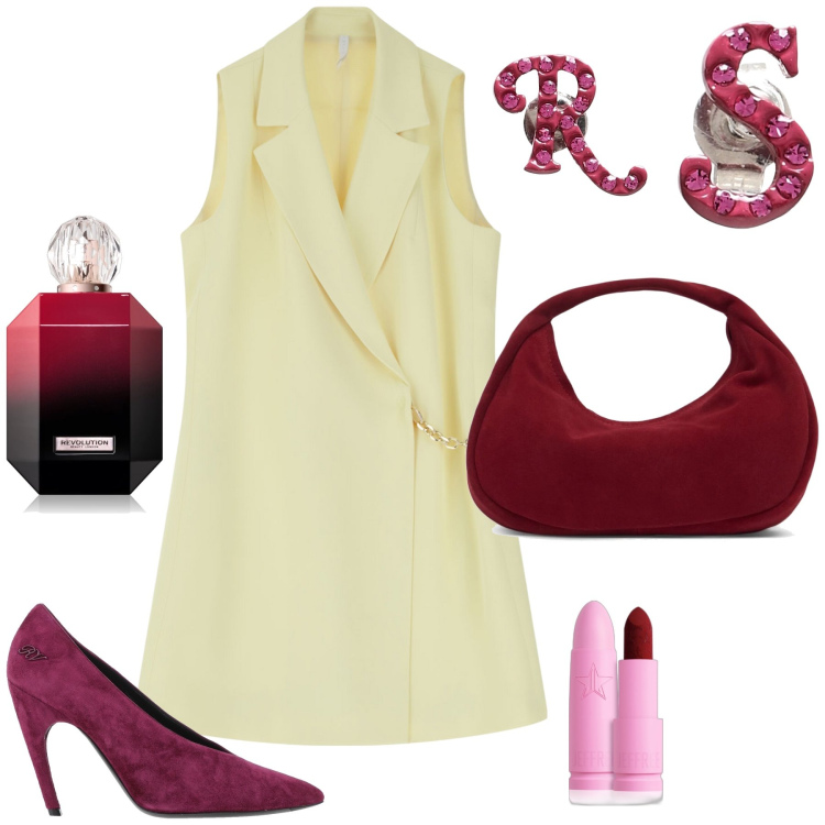 Outfit donna - Abito blazer. Stile Chic per Serata fuori. Abbinamento con orecchini, décolleté, rossetti, profumi, vestiti corti, borse a mano.