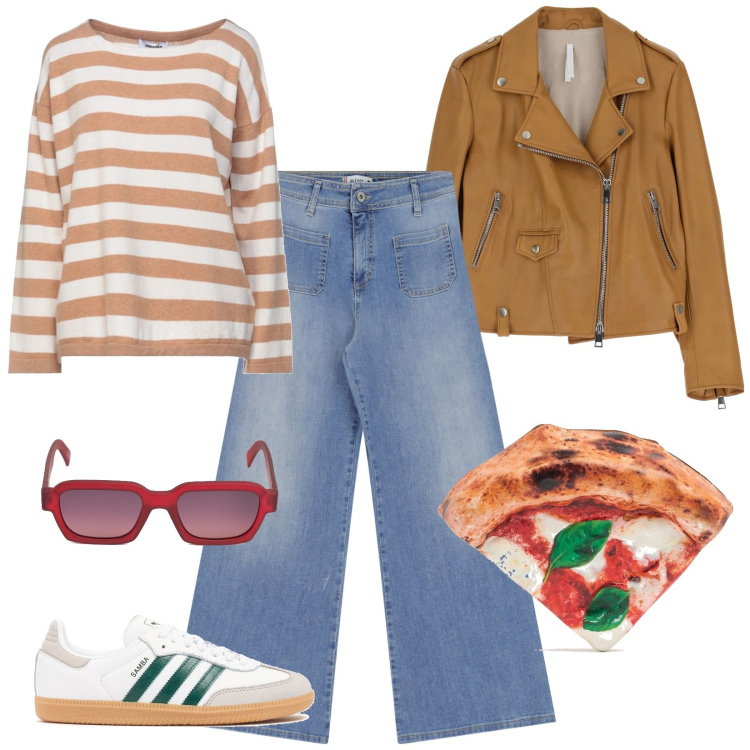 Outfit donna - La borsa pizza. Stile Casual per Tutti i giorni. Abbinamento con pullovers, jeans, giacche, pochette, sneakers, occhiali da sole.