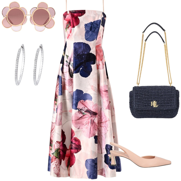 Outfit donna - Donna curvy romantica. Stile Romantica per Cerimonia. Abbinamento con décolleté, occhiali da sole, orecchini, vestiti midi/longuette, borse a spalla.