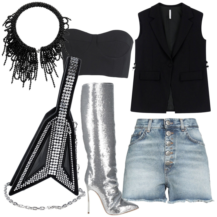 Outfit donna - Borsa chitarra elettrica. Stile Rock per Serata fuori. Abbinamento con stivali, top, borse a mano, shorts, gilet, collane.