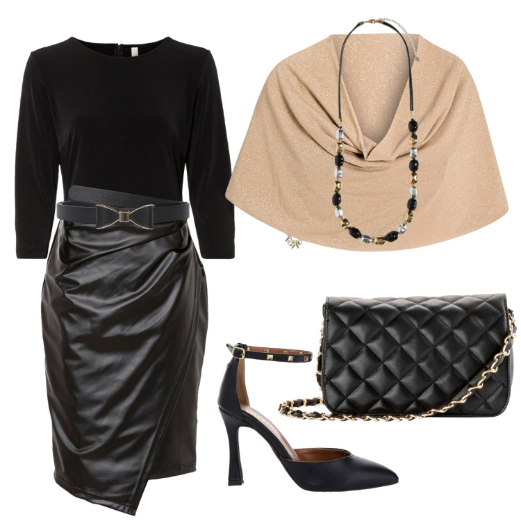 Outfit donna - Abito effetto portafoglio. Stile Sexy per Serata fuori. Abbinamento con vestiti, borse a tracolla, cinture, bolero, décolleté, collane.