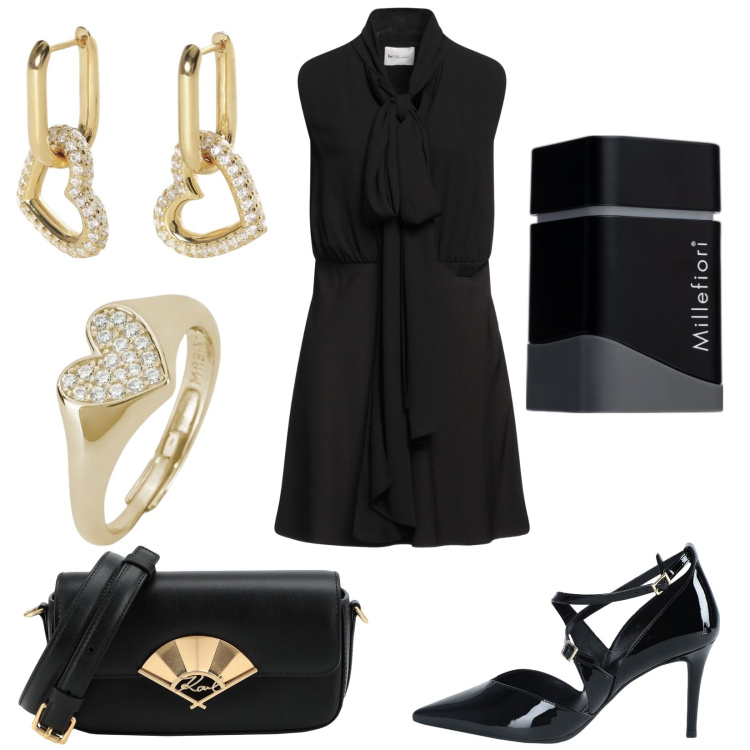 Outfit donna - Gli accessori giusti. Stile Glamour per Serata fuori. Abbinamento con décolleté, vestiti corti, borse a tracolla, profumi, orecchini, anelli.