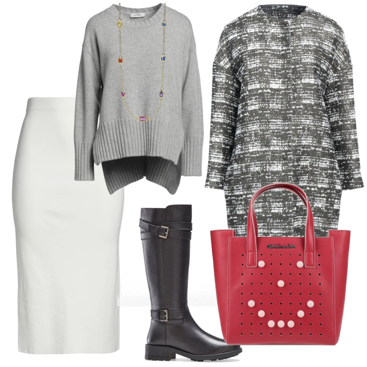 Outfit donna - Per tutti i giorni. per Tutti i giorni. Abbinamento con stivali, pullovers, cappotti, borse a mano, gonne longuette, collane.