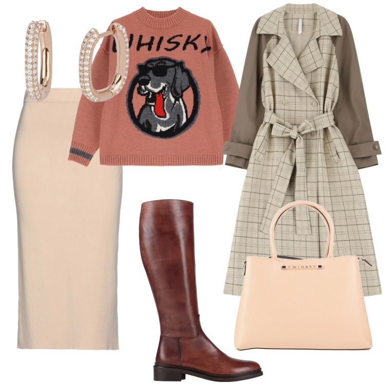 Outfit donna - Comodamente tutti i giorni. per Tutti i giorni. Abbinamento con stivali, borse a mano, gonne longuette, orecchini, trench, pullovers.