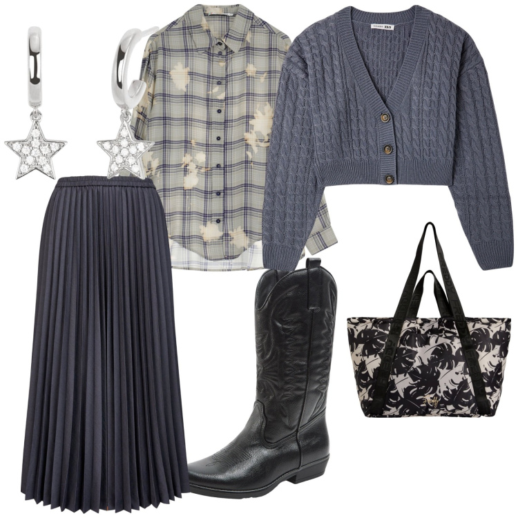 Outfit donna - Per negozi. per Tutti i giorni. Abbinamento con cardigans, stivali, orecchini, camicie, shopping bag, gonne longuette.