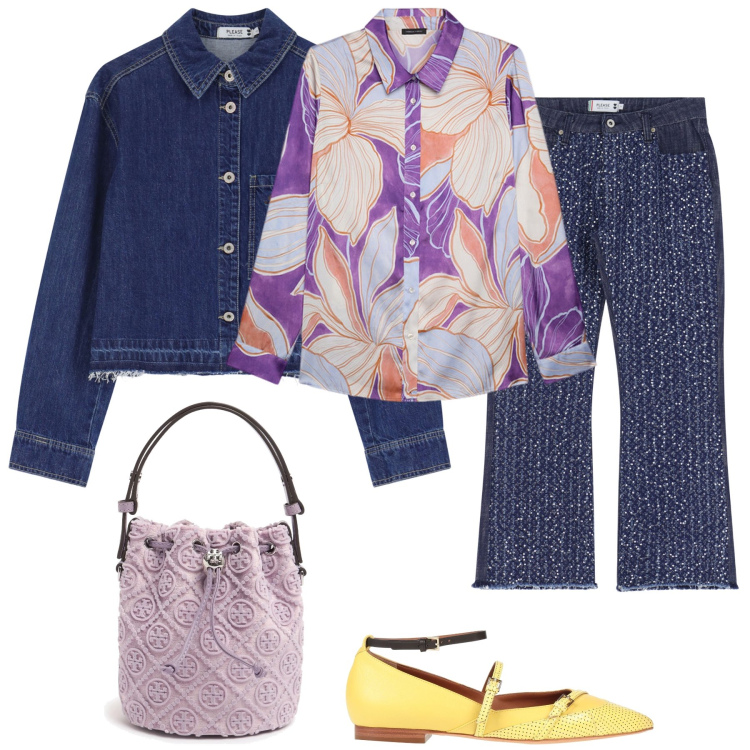 Outfit donna - Camicia fiori. Stile Casual chic per Tutti i giorni. Abbinamento con ballerine, jeans, blazer, camicie, borse a secchiello.