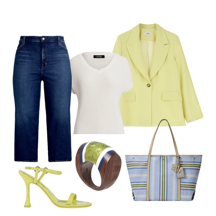 Outfit donna - Tonalità soft!. Stile Casual chic per Ufficio. Abbinamento con sandali in pelle, anelli, blazer, jeans, borse tote, t-shirt.