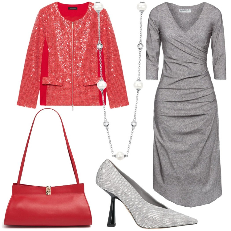 Outfit donna - La giacca rossa sul grigio perla. Stile Glamour per Serata fuori. Abbinamento con décolleté, vestiti midi/longuette, collane, blazer, borse a spalla.