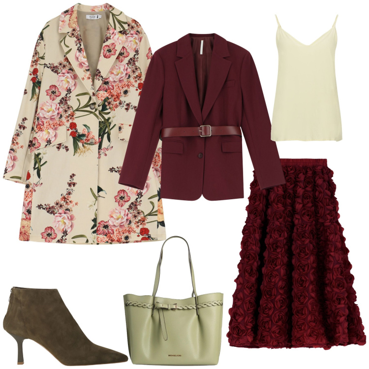Outfit donna - Fiori di primavera. Stile Casual chic per Cerimonia. Abbinamento con borse a spalla, top, trench, blazer, gonne, stivaletti.