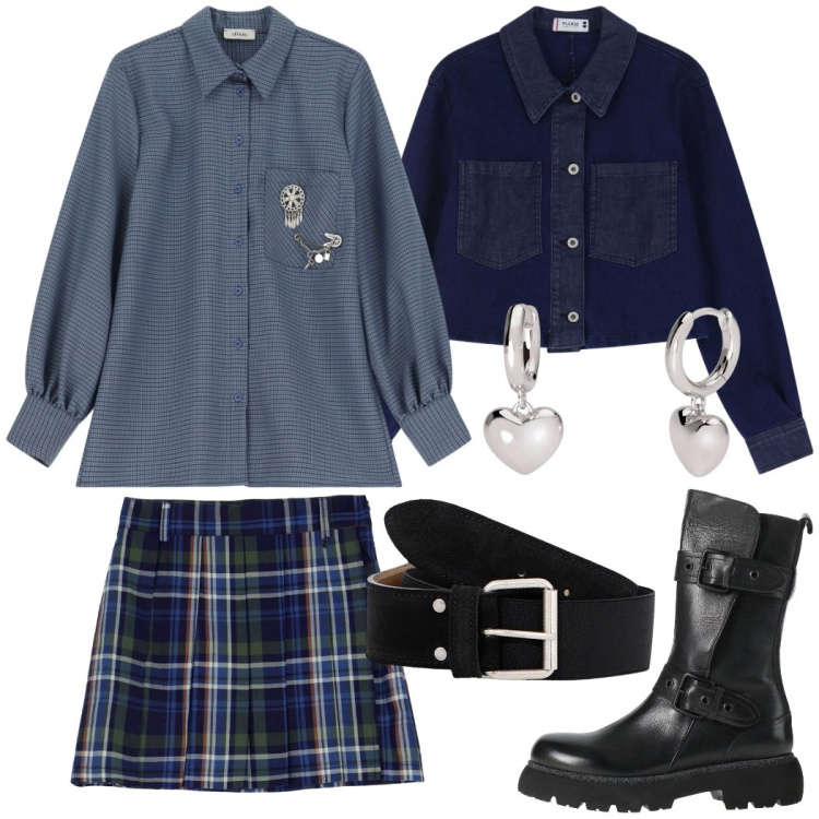 Outfit donna - College style. Stile Preppy per Scuola/Università. Abbinamento con stivaletti, orecchini, blazer, minigonne, cinture, camicie.