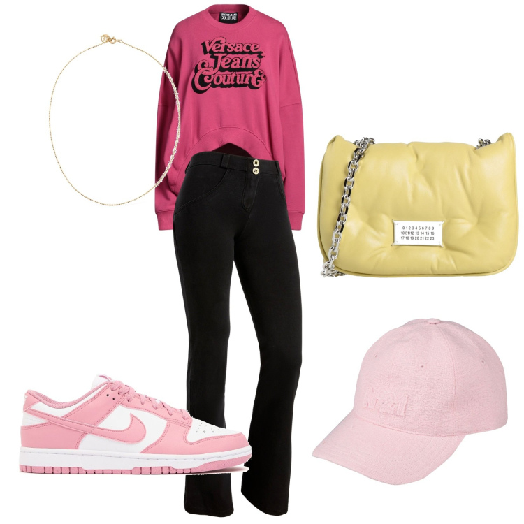 Outfit donna - Total look #2070393. Stile Basic per Scuola/Università. Abbinamento con felpe, borse a tracolla, cappelli con visiera, jeggings, sneakers, collane.