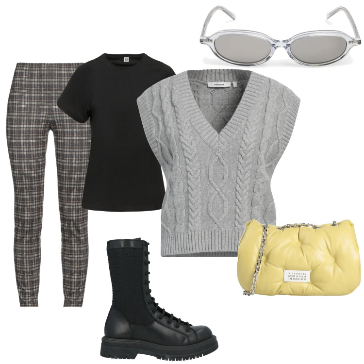 Outfit donna - rock\'n roll. Stile Rock per Scuola/Università. Abbinamento con anfibi, pullovers, leggings, borse a tracolla, t-shirt, occhiali da sole.