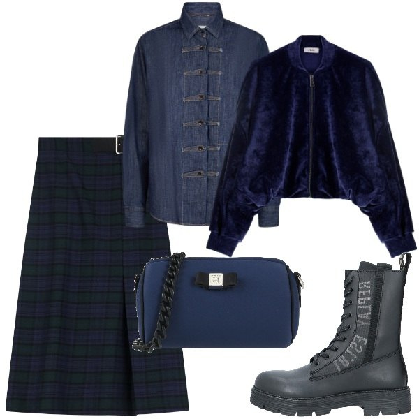 Outfit donna - Sfumature di colore. Stile Trendy per Serata fuori. Abbinamento con anfibi, borse a tracolla, felpe, gonne lunghe, camicie.