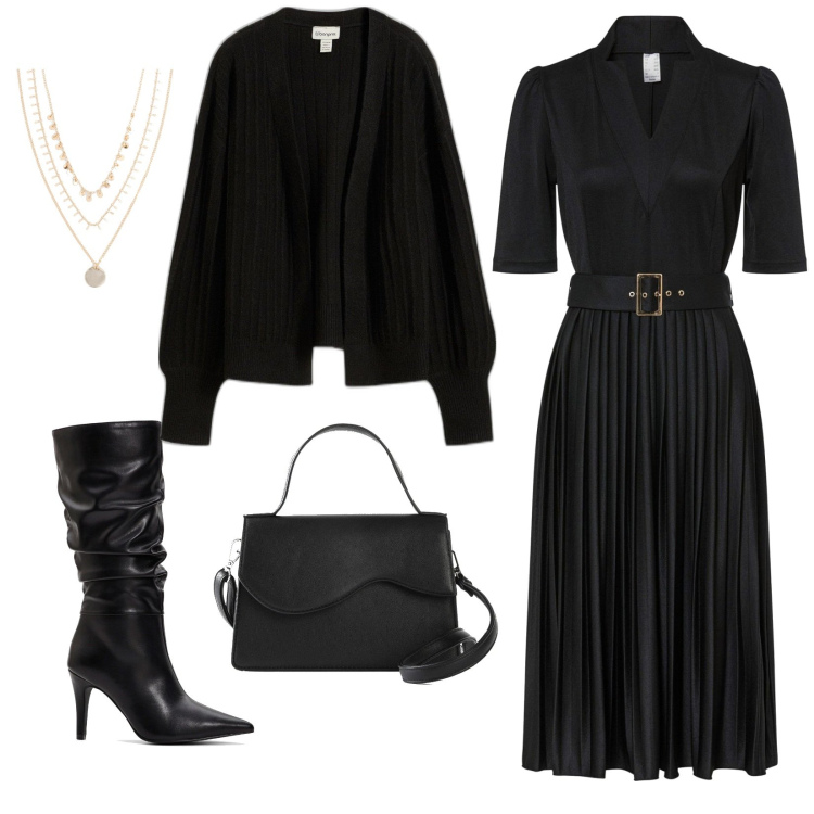 Outfit donna - Nero e dorato. Stile Sexy per Serata fuori. Abbinamento con collane, vestiti midi/longuette, stivali, borse a tracolla, cardigans.