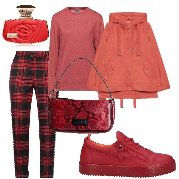 Outfit donna - Sfumature di colore. Stile Trendy per Tutti i giorni. Abbinamento con pantaloni, sneakers, borse a mano, pullovers, profumi, parka.