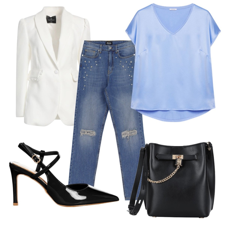 Outfit donna - Casual chic. Stile Casual chic per Ufficio. Abbinamento con blazer, borse a tracolla, décolleté, jeans strappati, t-shirt.