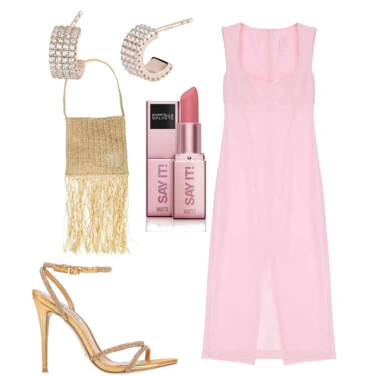 Outfit donna - Serata. Stile Chic per Serata fuori. Abbinamento con borse a spalla, sandali col tacco, rossetti, orecchini, vestiti midi/longuette.