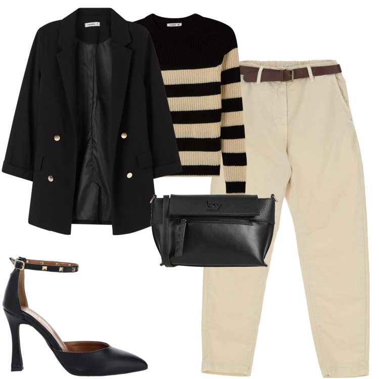 Outfit donna - City. Stile Urban per Tutti i giorni. Abbinamento con borse a tracolla, maglieria, blazer, pantaloni, décolleté.