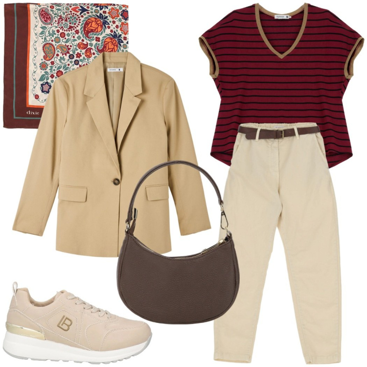 Outfit donna - Urban style. Stile Urban per Tutti i giorni. Abbinamento con sneakers, blazer, pantaloni, t-shirt, borse a spalla, foulard.