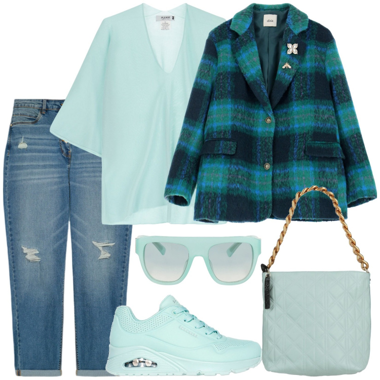 Outfit donna - Total look #2070462. per Tutti i giorni. Abbinamento con borse a mano, occhiali da sole, maglieria, blazer, sneakers, jeans strappati.