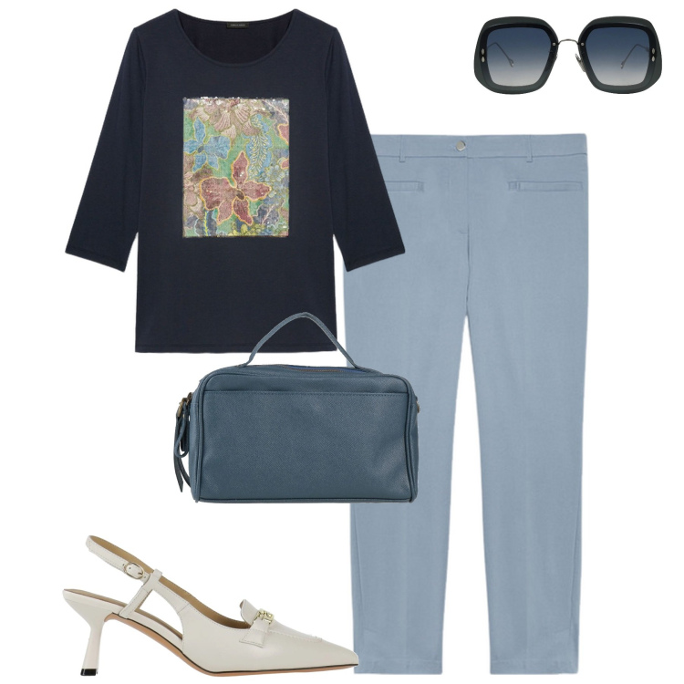Outfit donna - City. Stile Urban per Tutti i giorni. Abbinamento con décolleté, borse a mano, occhiali da sole, pantaloni chino, t-shirt.