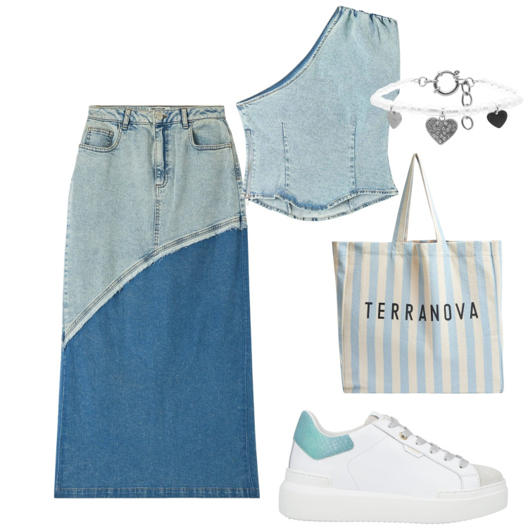 Outfit donna - Denim. Stile Casual per Tutti i giorni. Abbinamento con sneakers, gonne lunghe, top, borse tote, braccialetti.