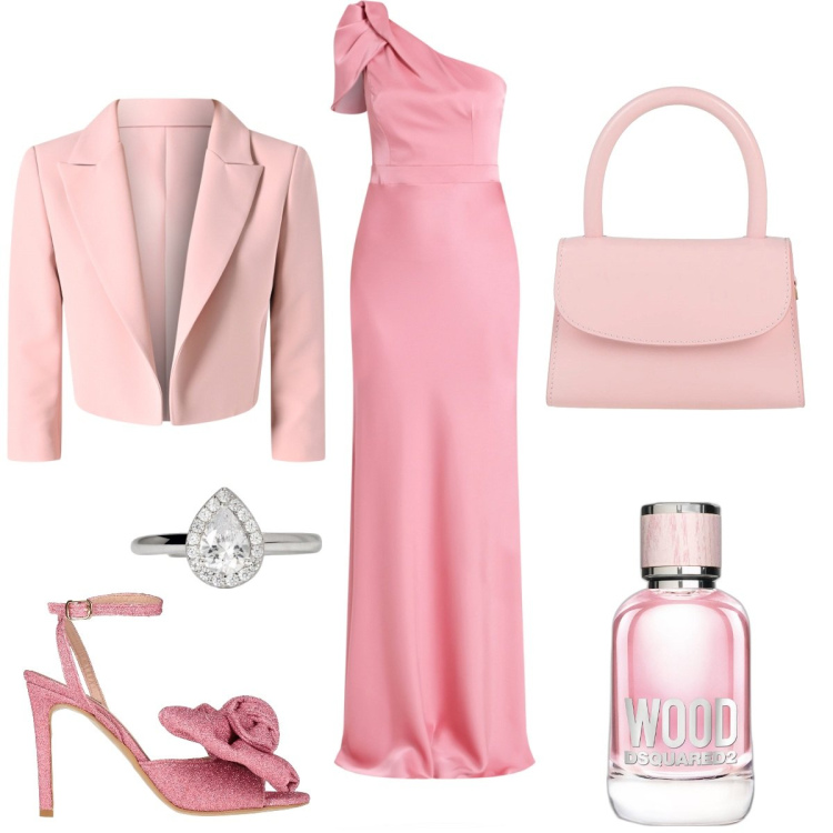 Outfit donna - Abito Asimmetrico. Stile Glamour per Cerimonia. Abbinamento con borse a mano, sandali col tacco, profumi, anelli, vestiti asimmetrici, blazer.