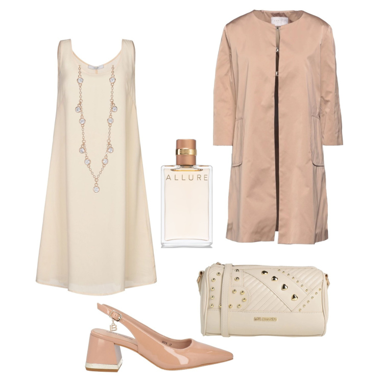 Outfit donna - Cerimonia retró di fine inverno. Stile Vintage retrò Abbinamento con vestiti corti, trench, décolleté, borse a tracolla, profumi, collane.