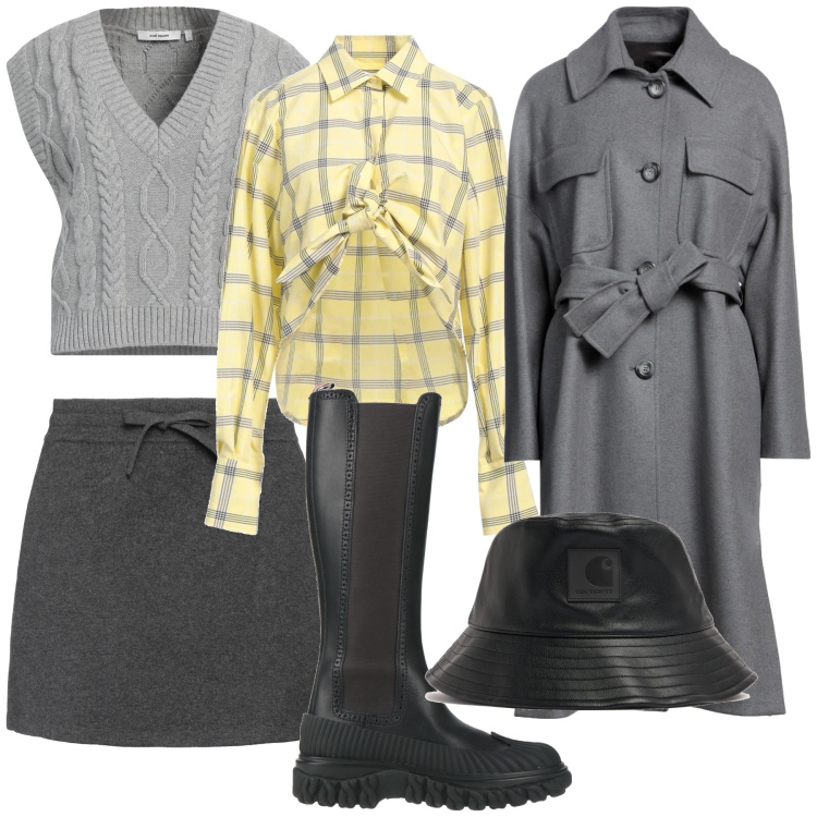 Outfit donna - Giornata di pioggia. Stile Casual chic per Tutti i giorni. Abbinamento con pullovers, cappotti, camicie, stivali, minigonne, cappelli.